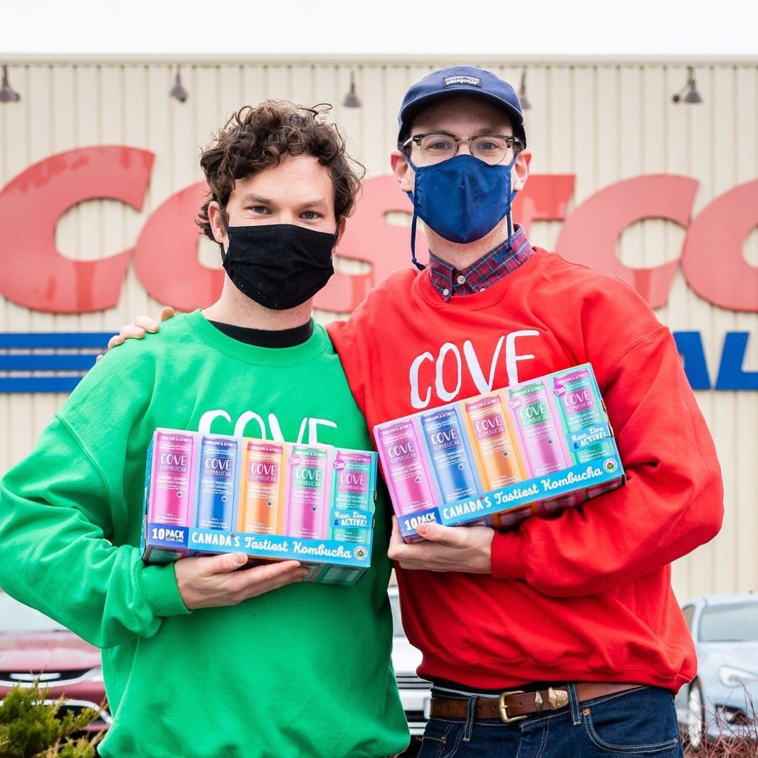 The masked founders holding Cove 10-packs outside Costco during the pandemic
