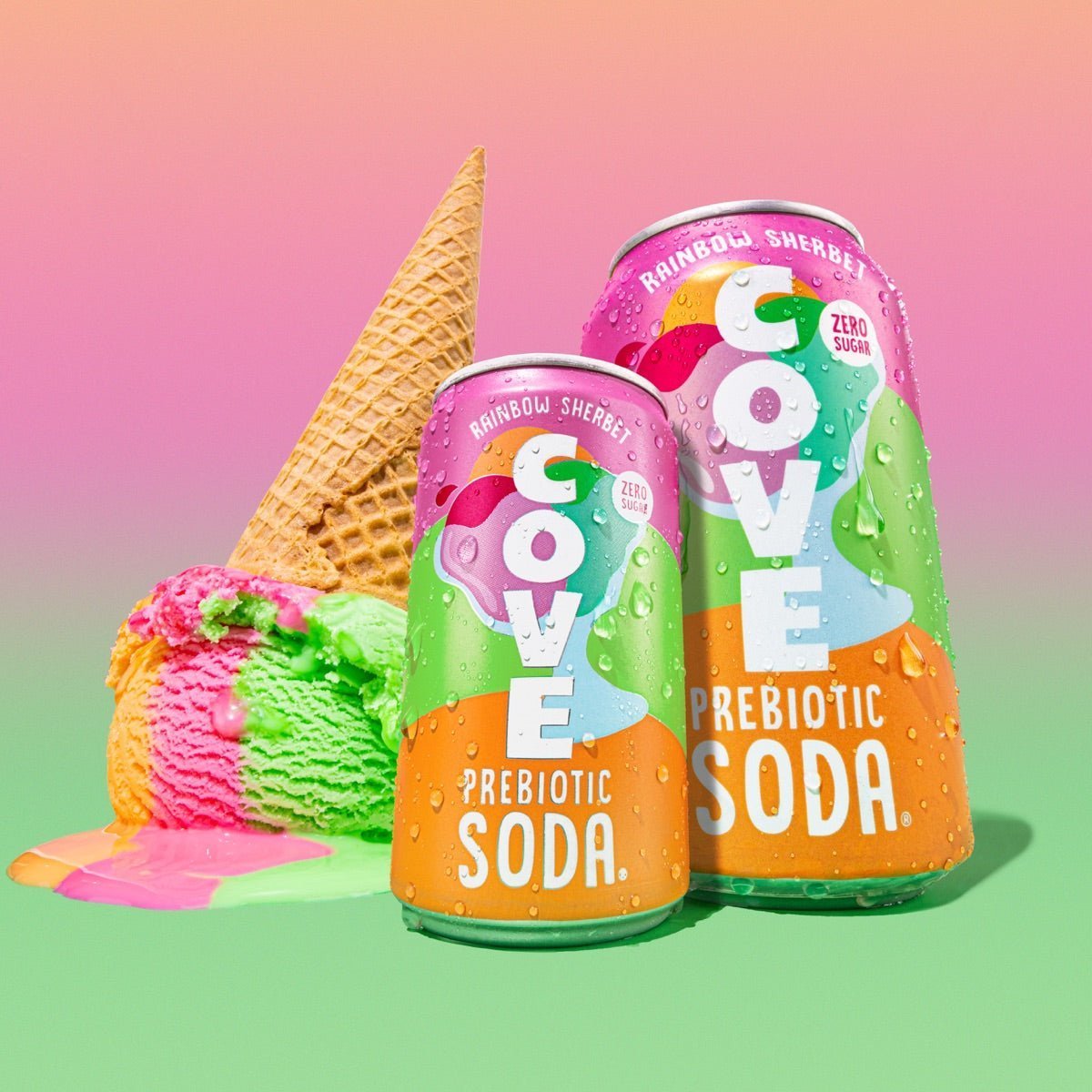 Two Cove Rainbow Sherbet cans beside a melting tri-color sherbet scoop and waffle cone